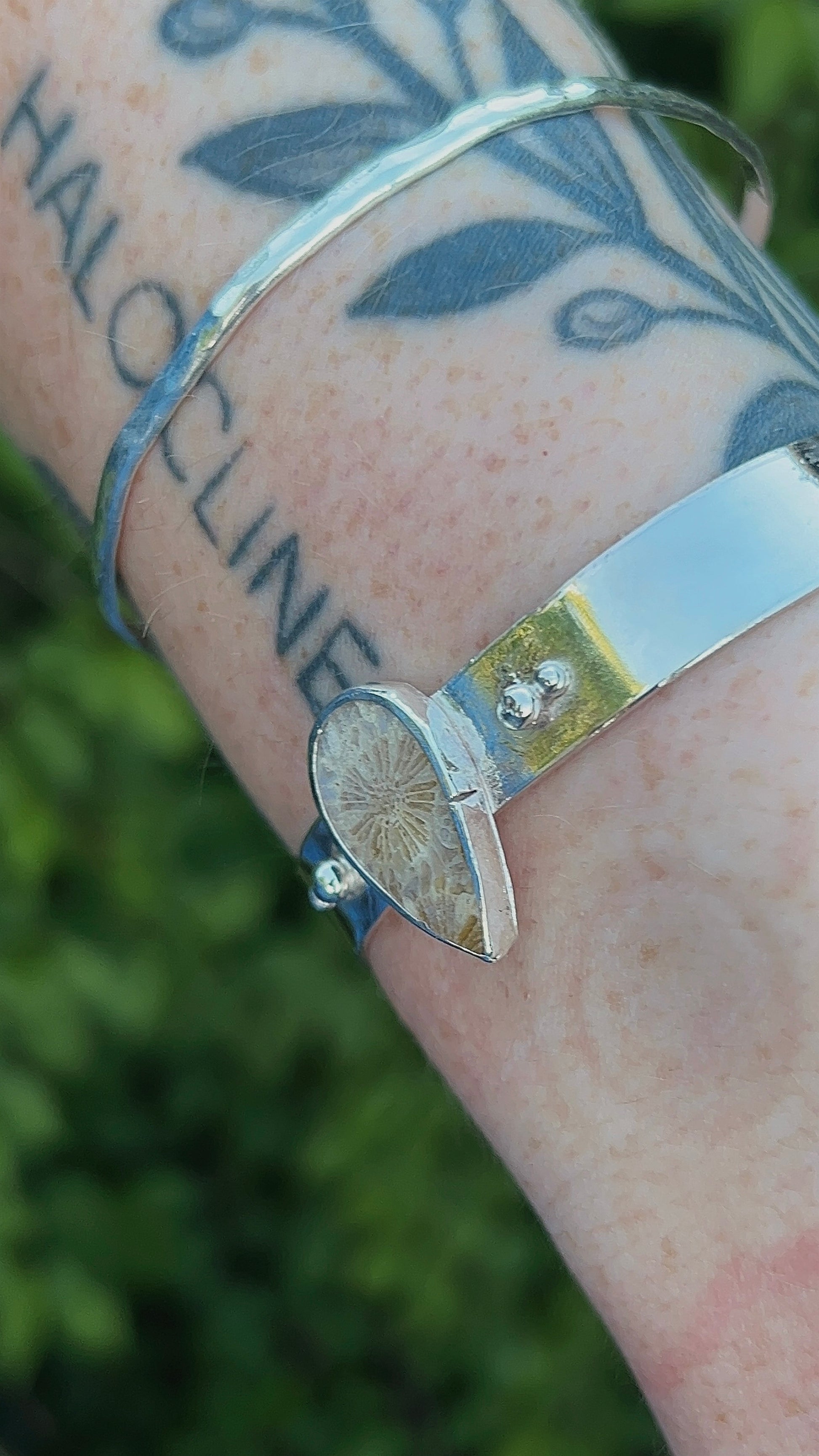 tear drop fossil coral double accent thick band cuff bracelet