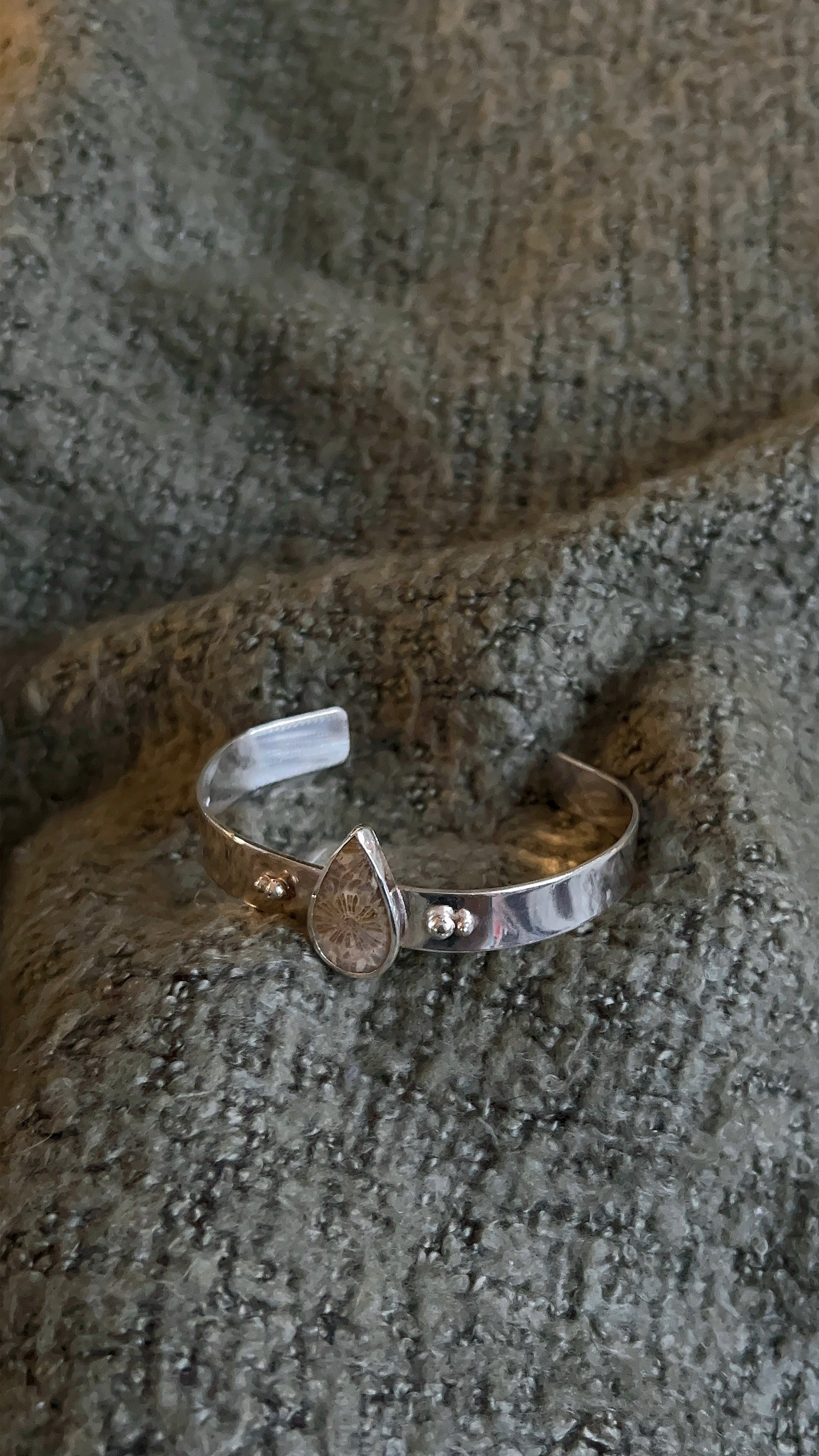 tear drop fossil coral double accent thick band cuff bracelet