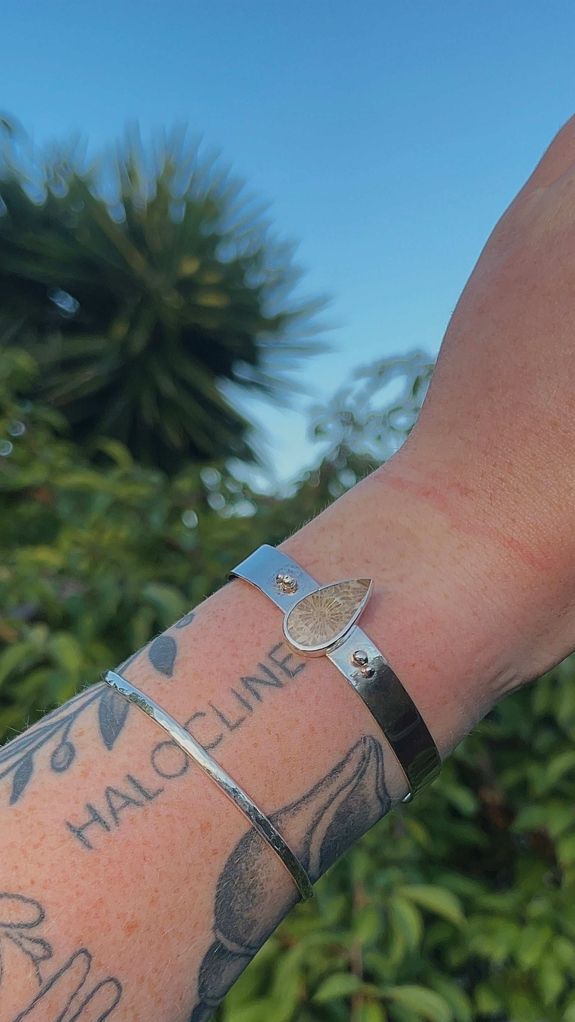 tear drop fossil coral double accent thick band cuff bracelet