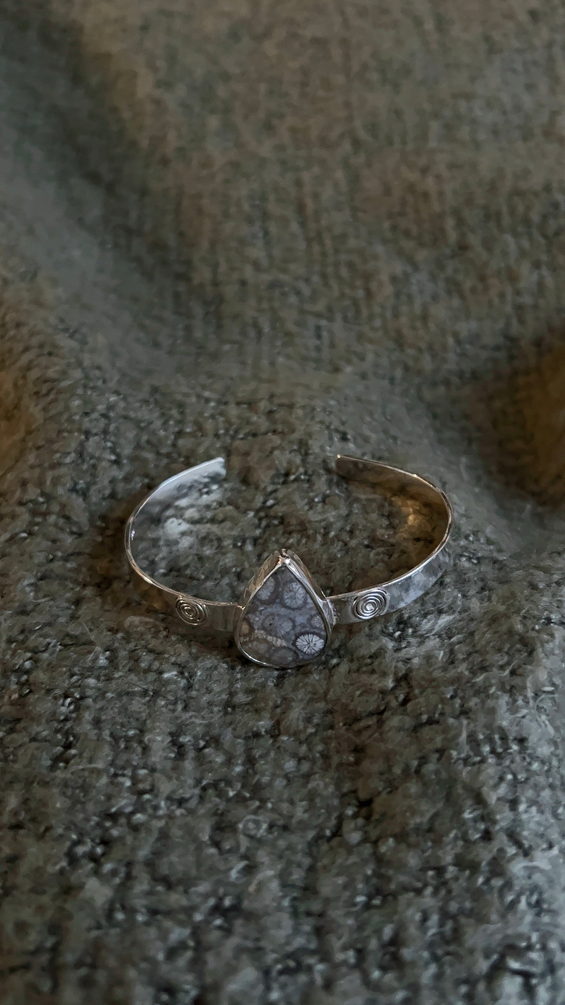 spiral tear shaped fossil coral thick bracelet cuff