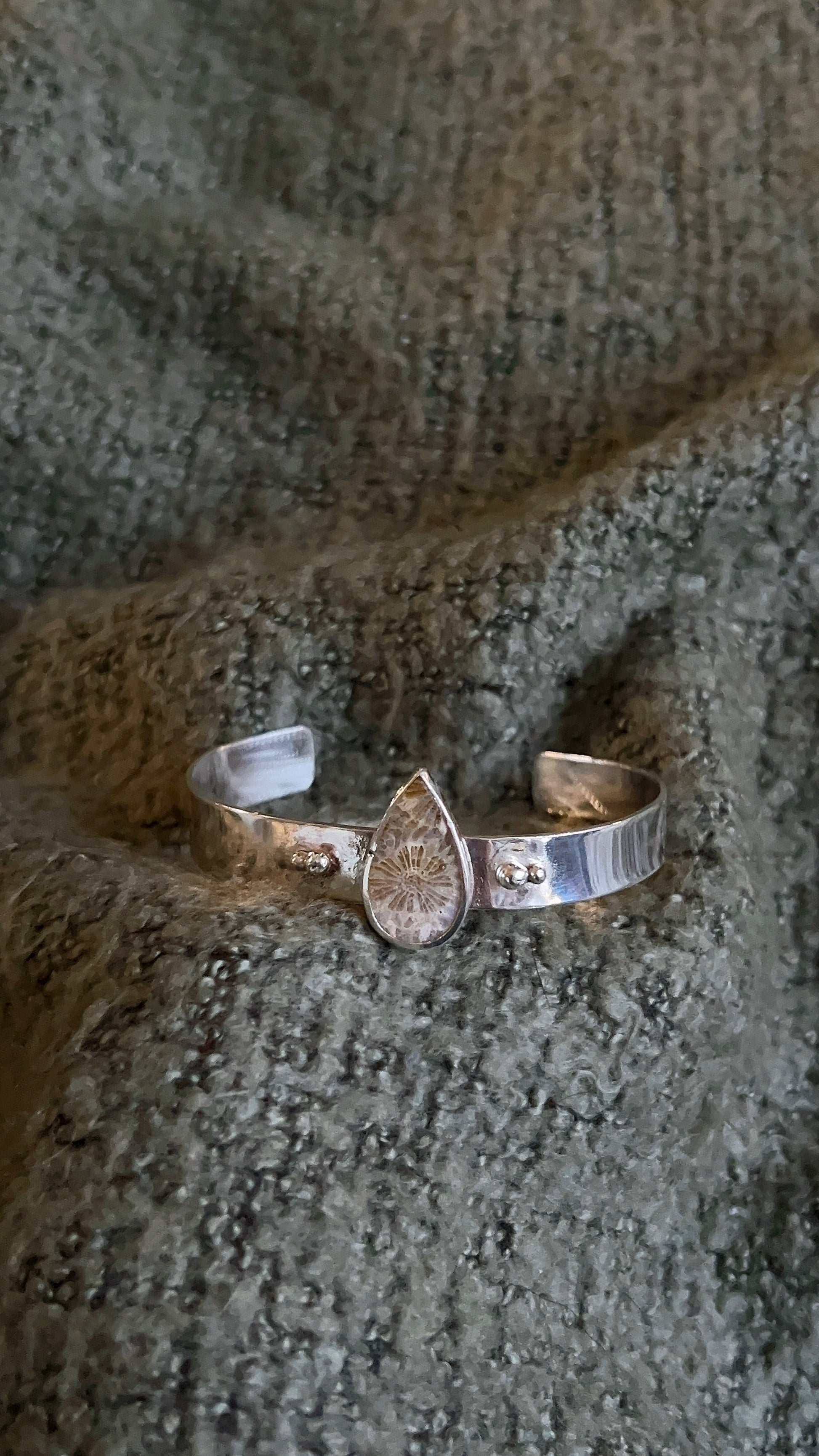 tear drop fossil coral double accent thick band cuff bracelet