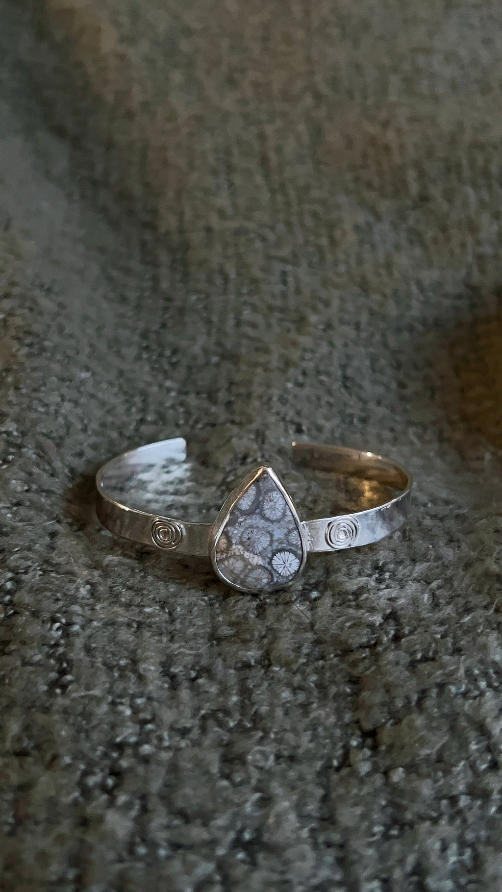 spiral tear shaped fossil coral thick bracelet cuff