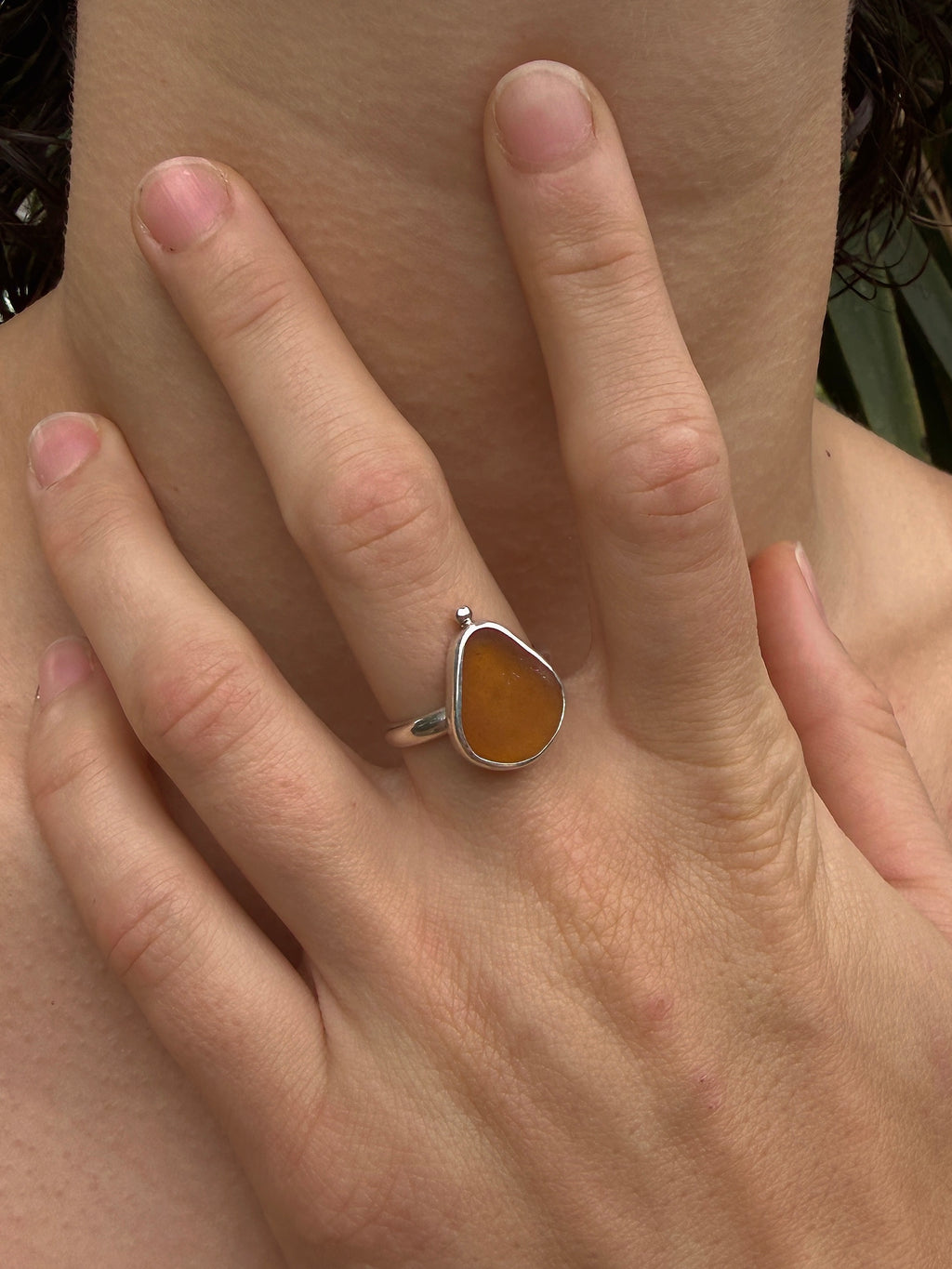 amber seaglass ring size S (US 9.5)