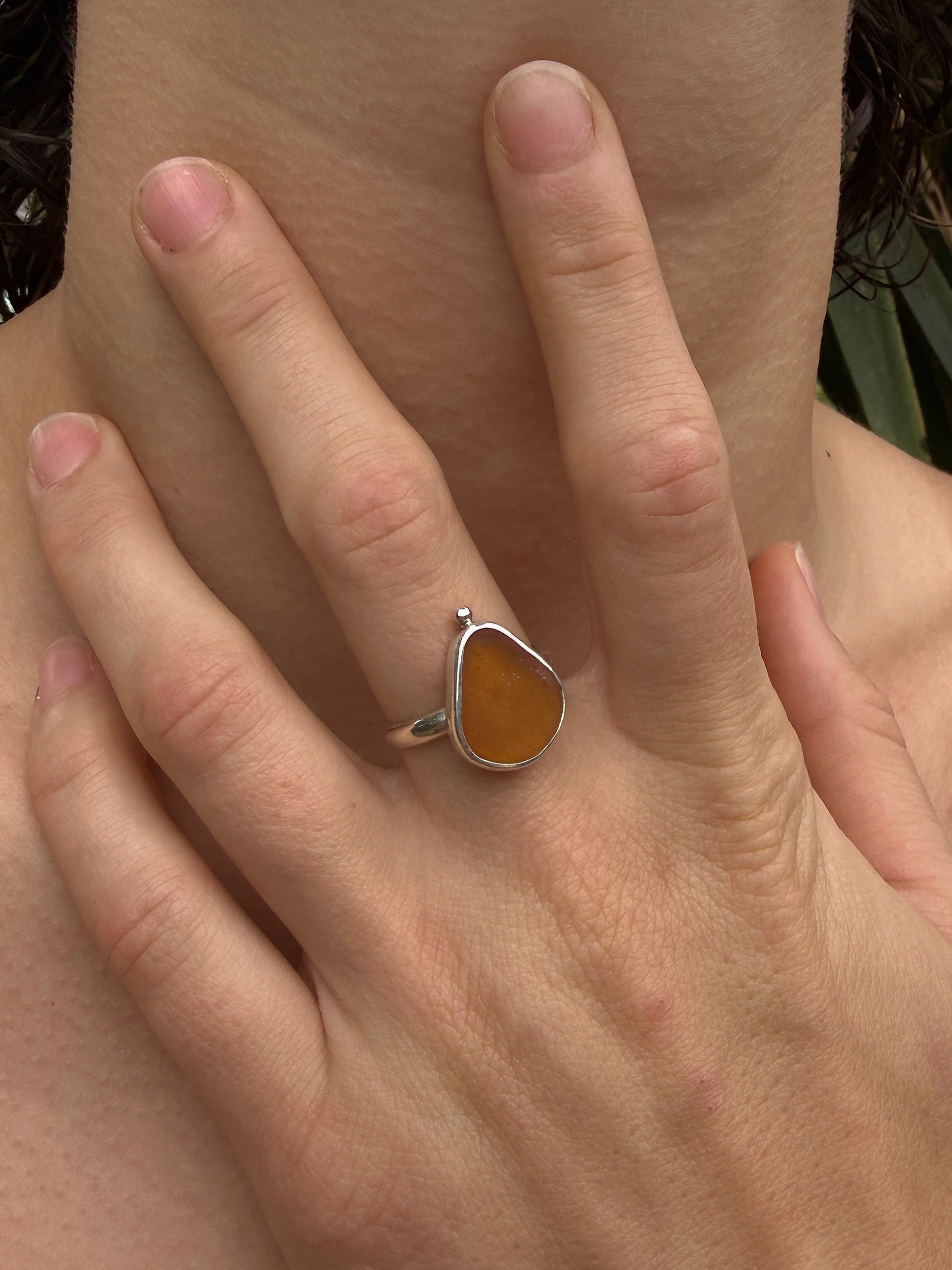 amber seaglass ring size S (US 9.5)
