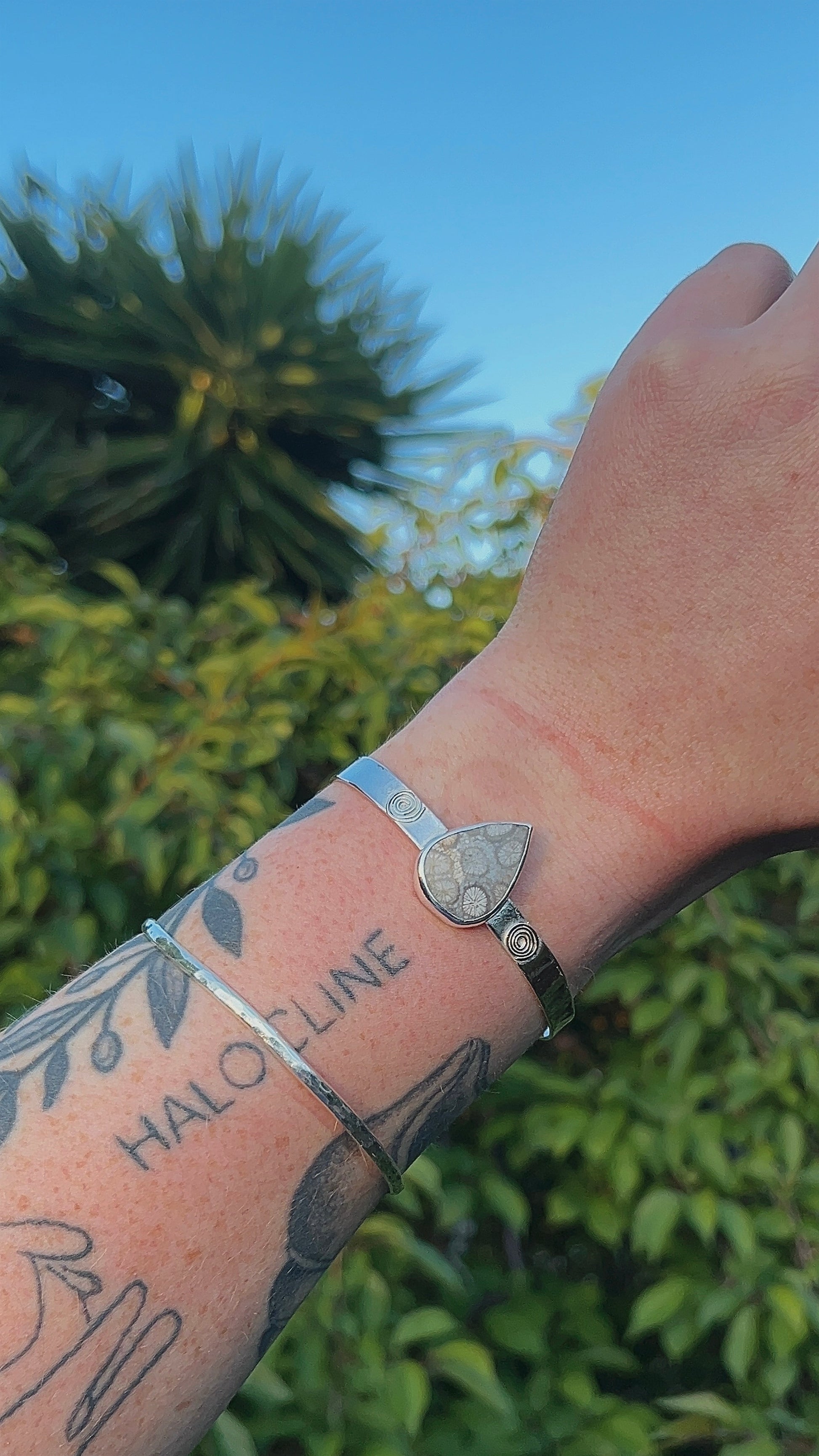 spiral tear shaped fossil coral thick bracelet cuff