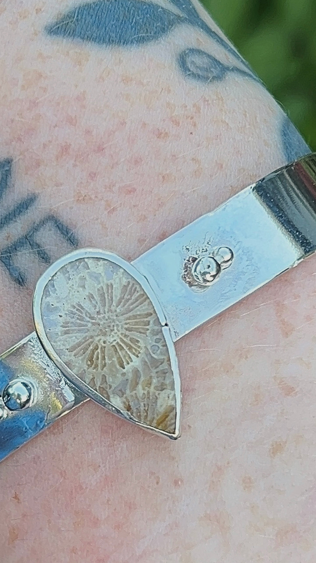 tear drop fossil coral double accent thick band cuff bracelet