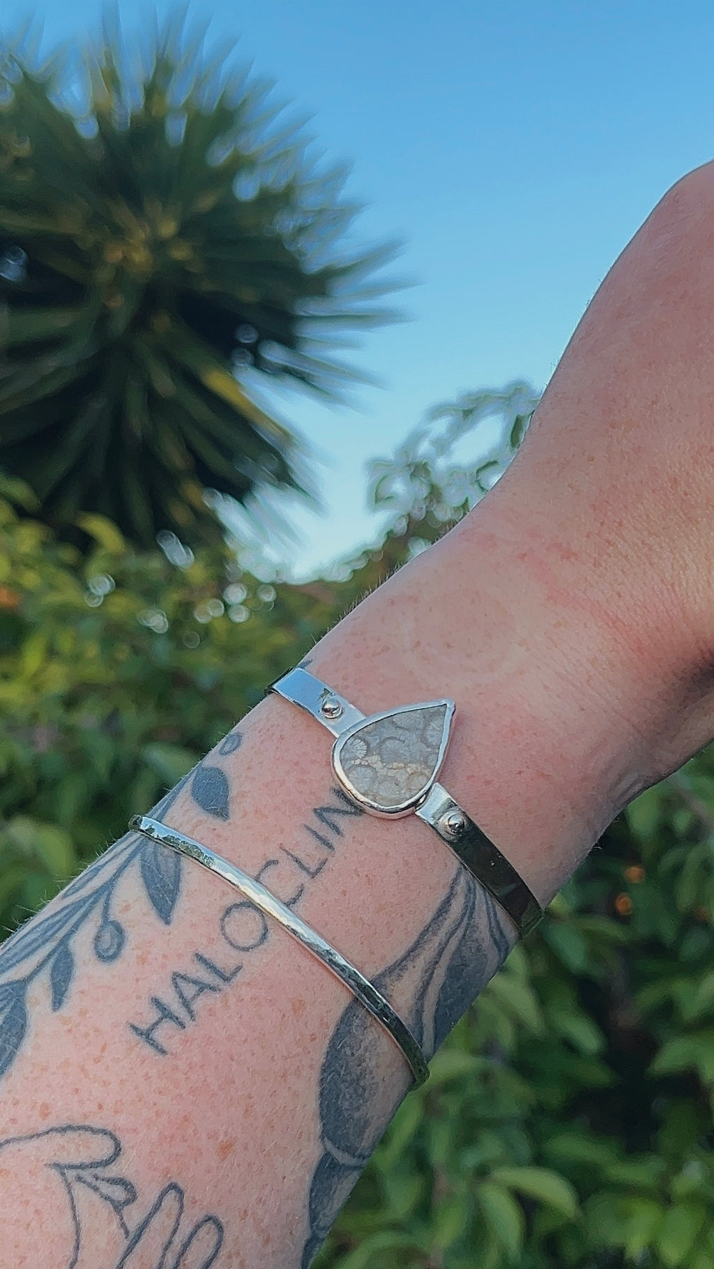 accent ball tear drop fossil coral bracelet cuff