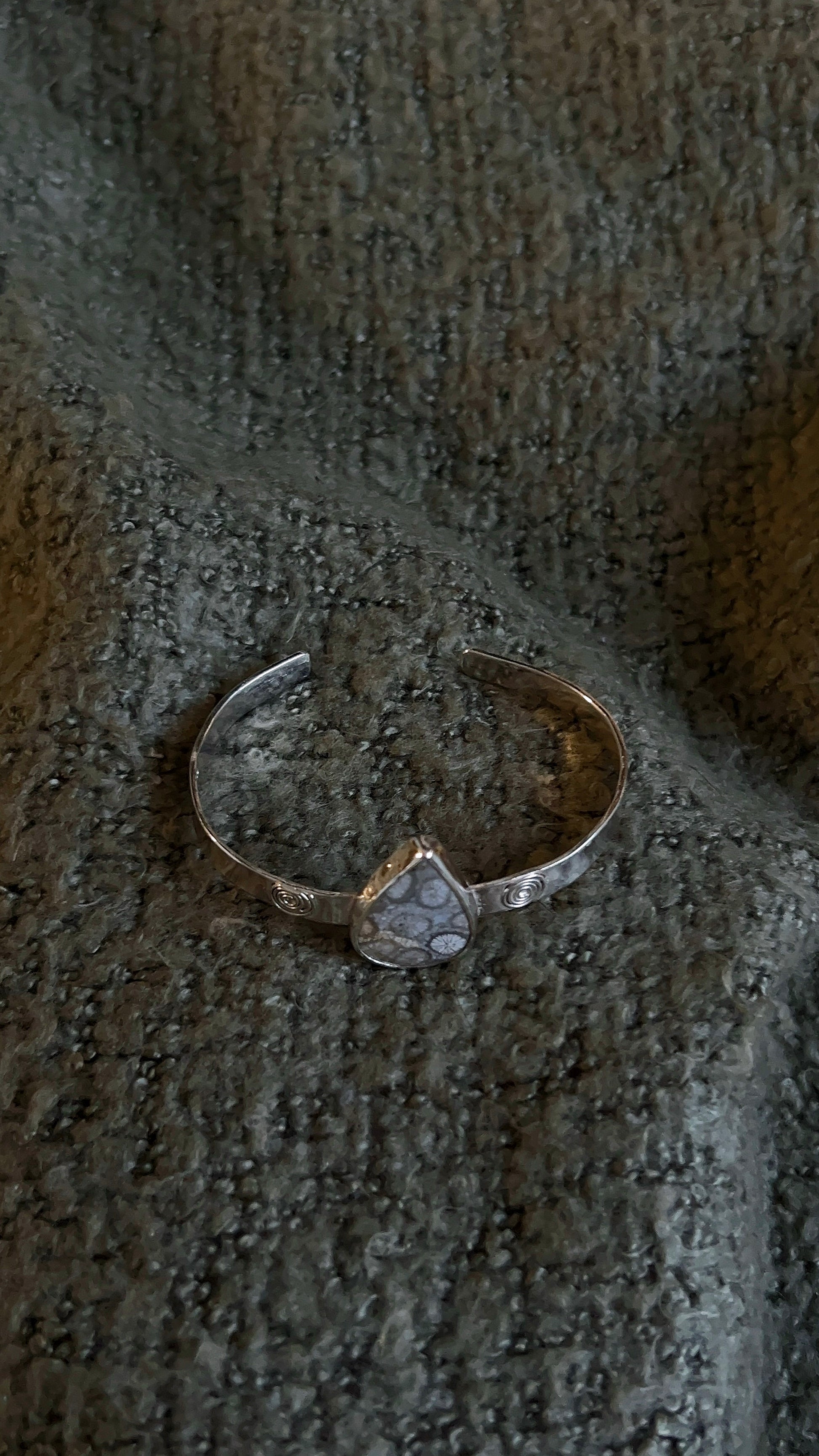 spiral tear shaped fossil coral thick bracelet cuff