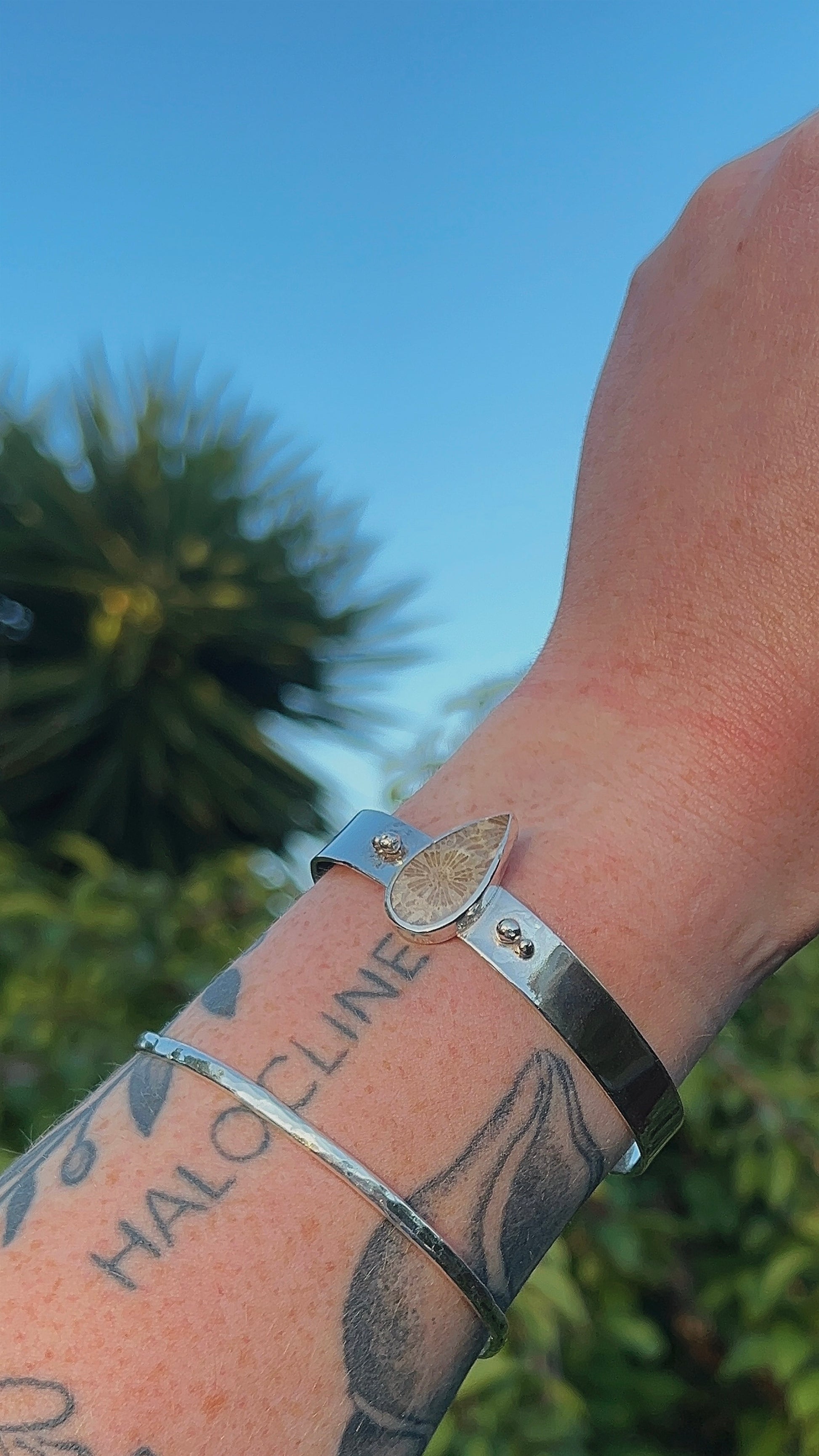 tear drop fossil coral double accent thick band cuff bracelet