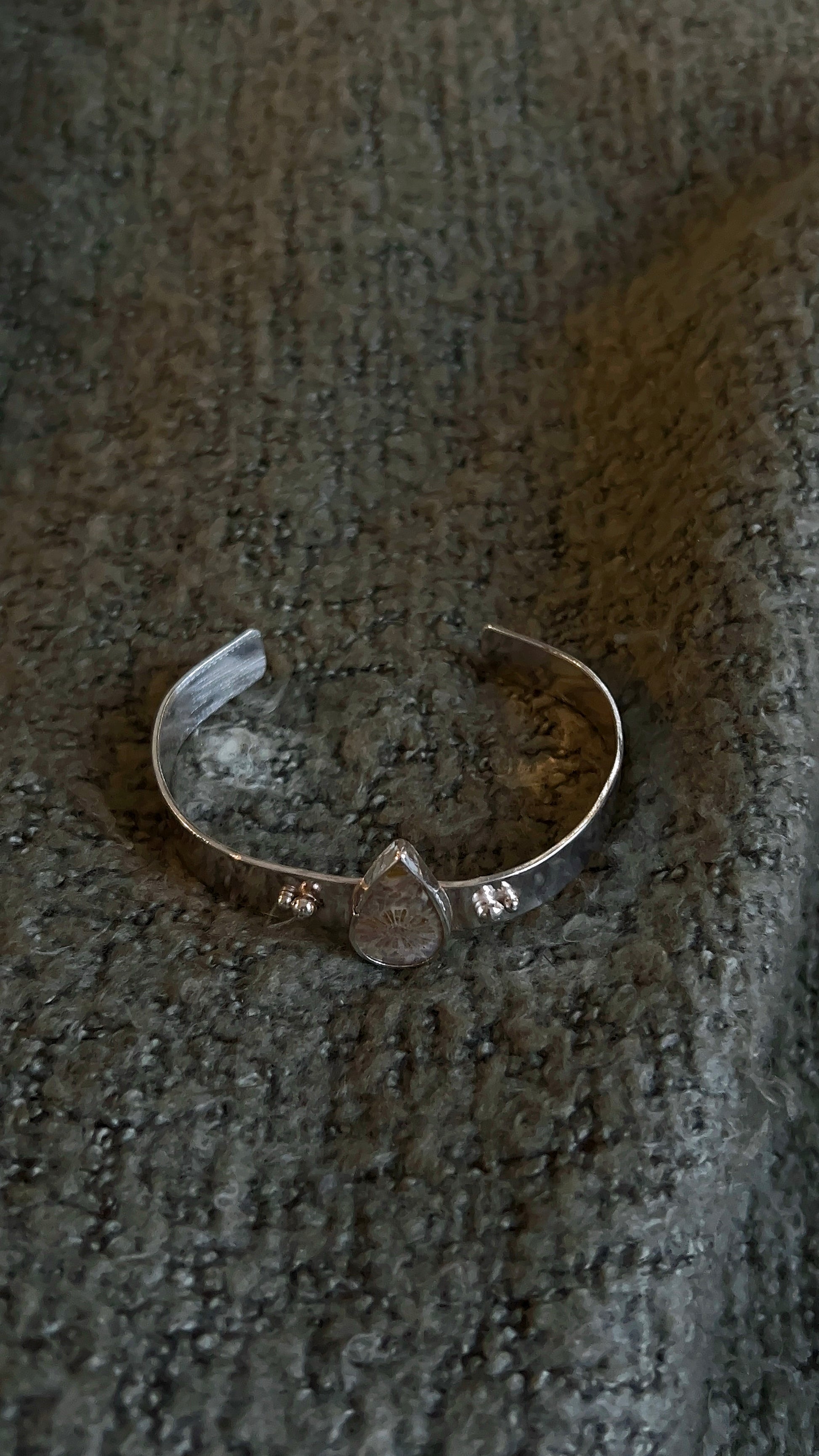 tear drop fossil coral double accent thick band cuff bracelet