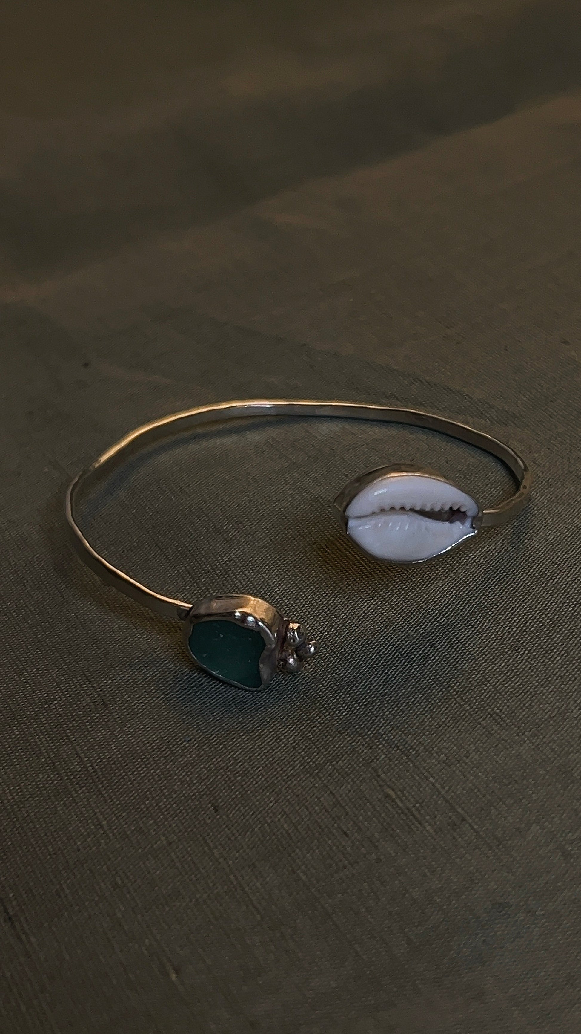seaglass and cowrie shell cuff bracelet