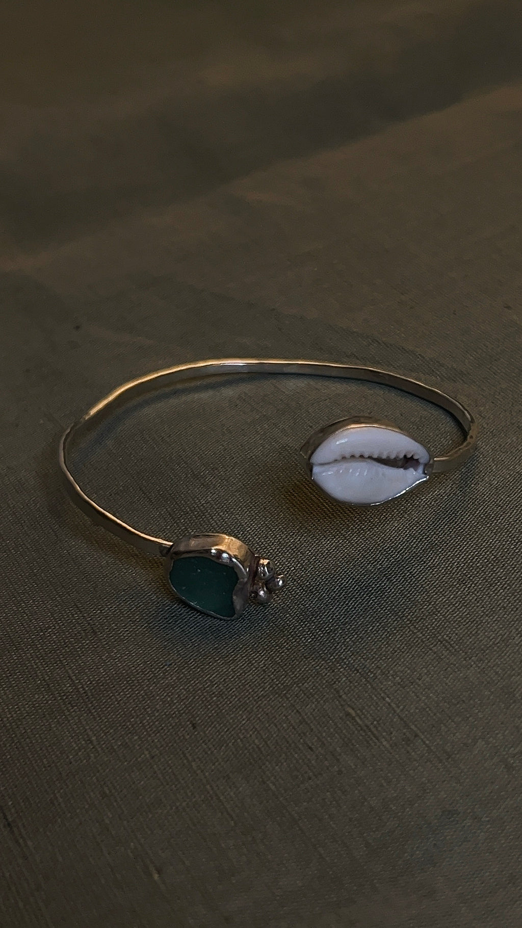 seaglass and cowrie shell cuff bracelet