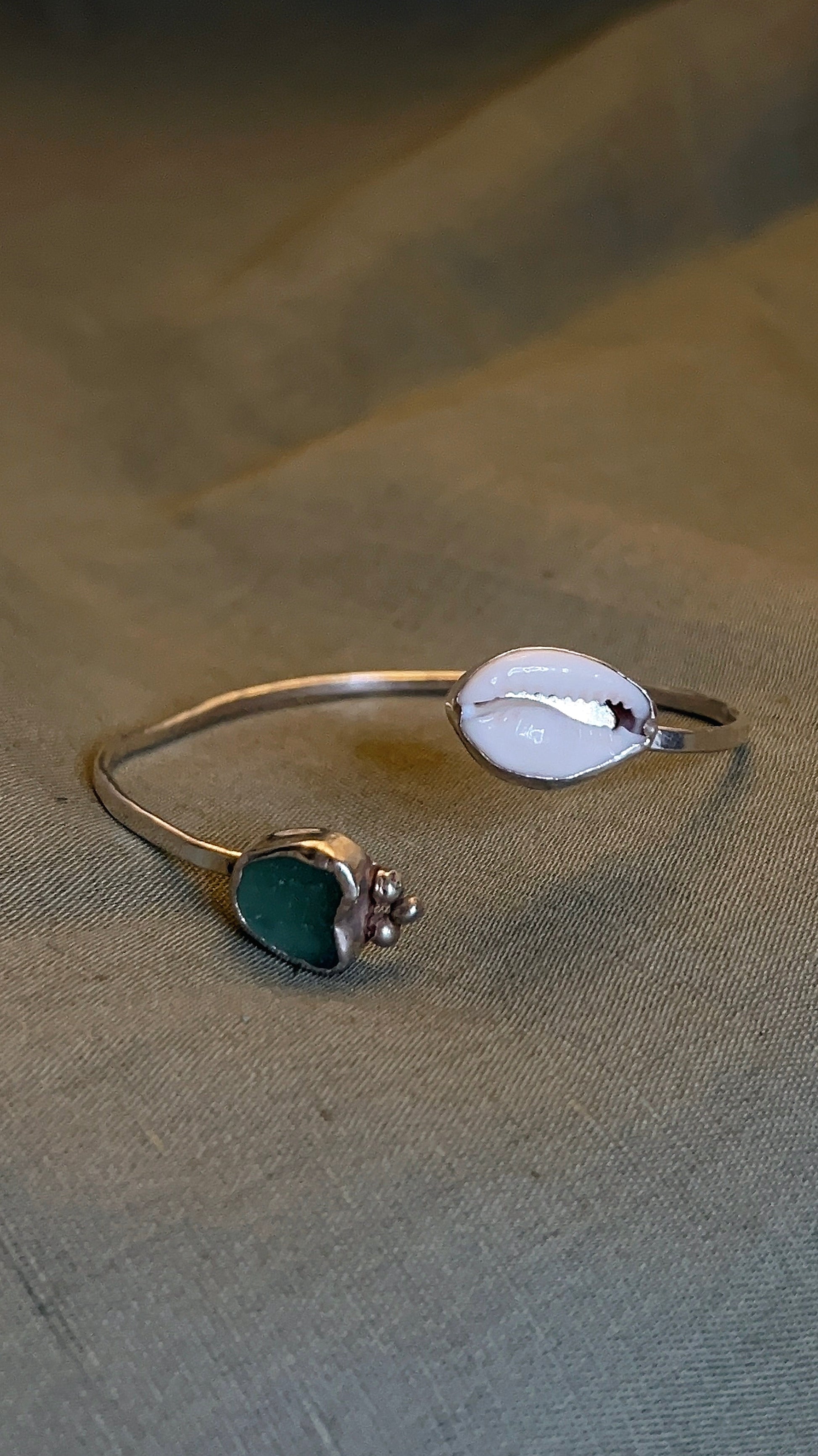 seaglass and cowrie shell cuff bracelet