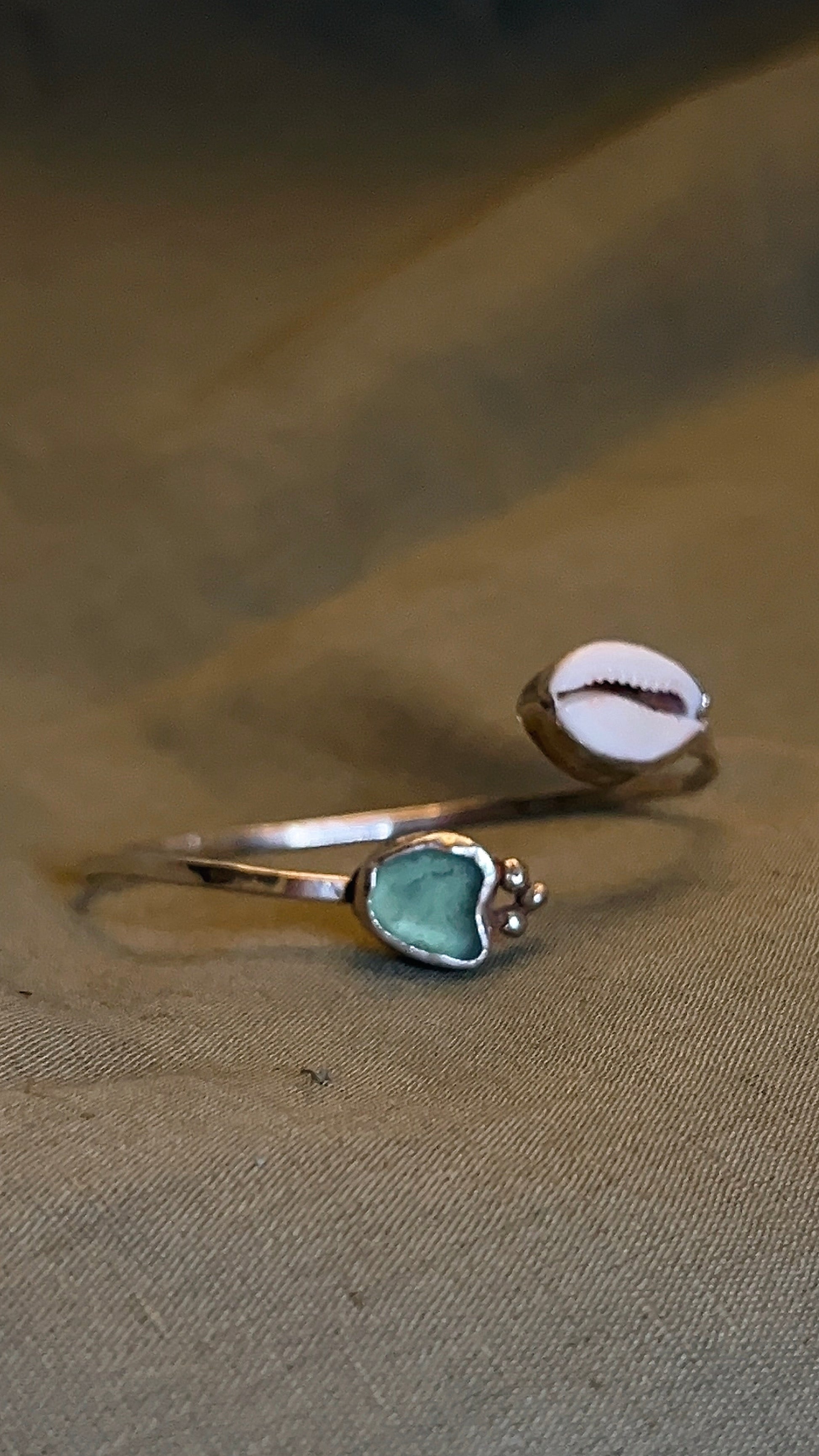 seaglass and cowrie shell cuff bracelet