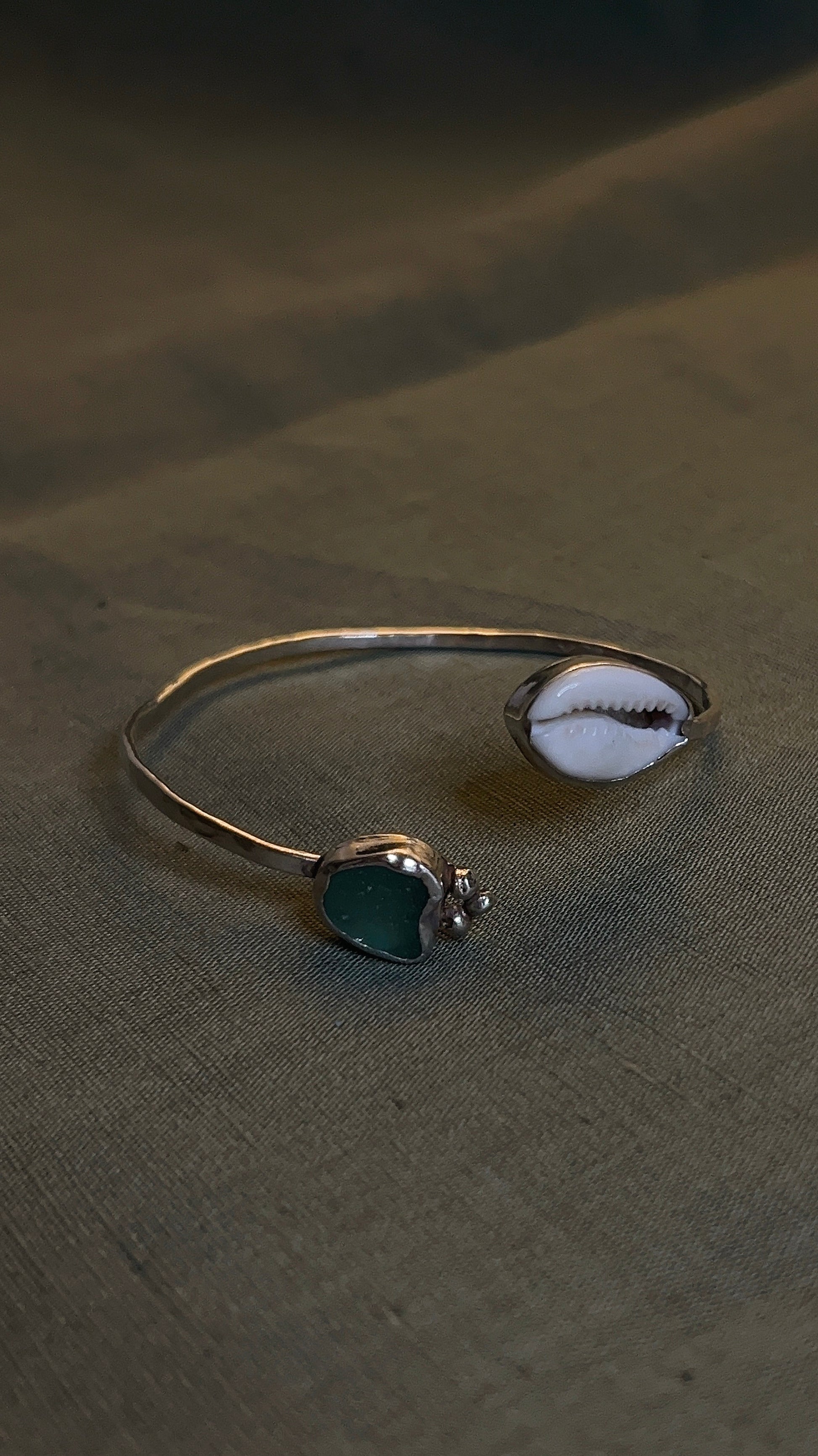 seaglass and cowrie shell cuff bracelet