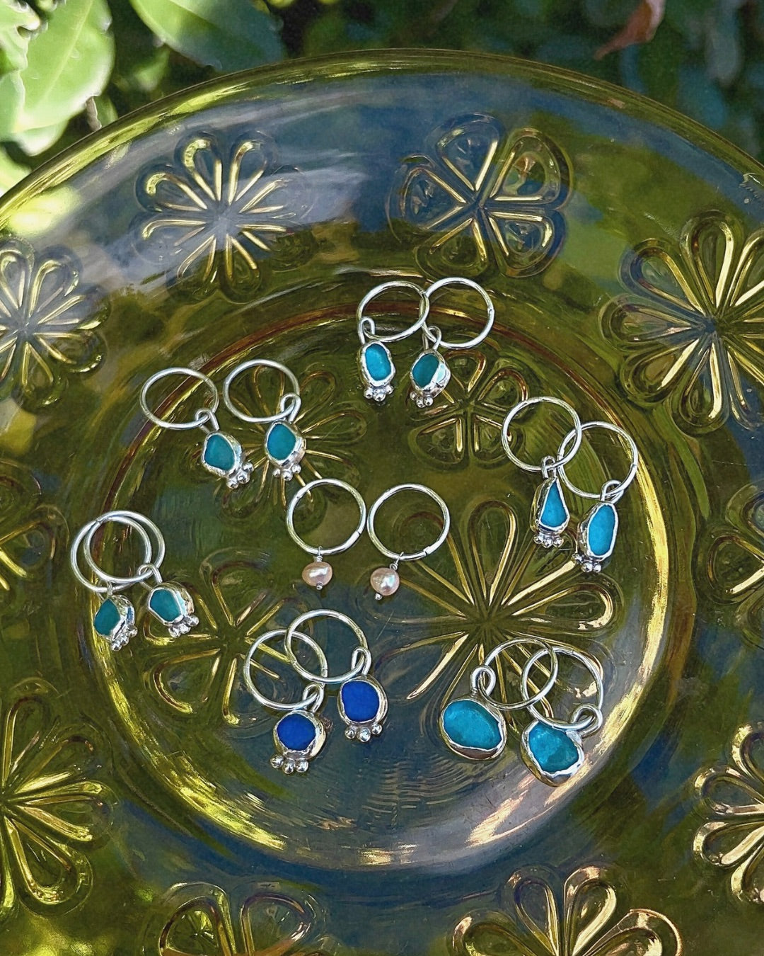 aqua blue seaglass hoops with accent detail