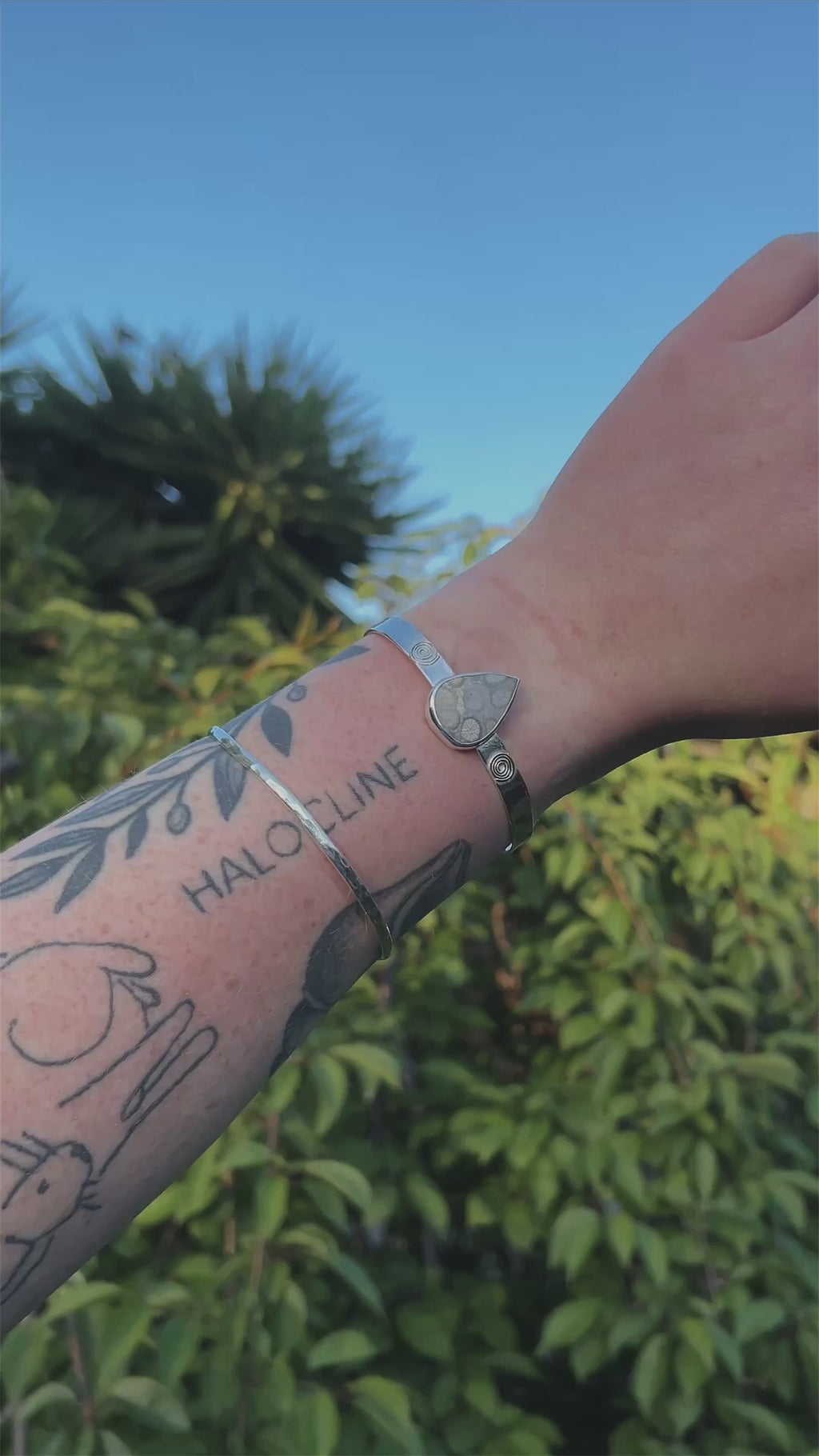 spiral tear shaped fossil coral thick bracelet cuff