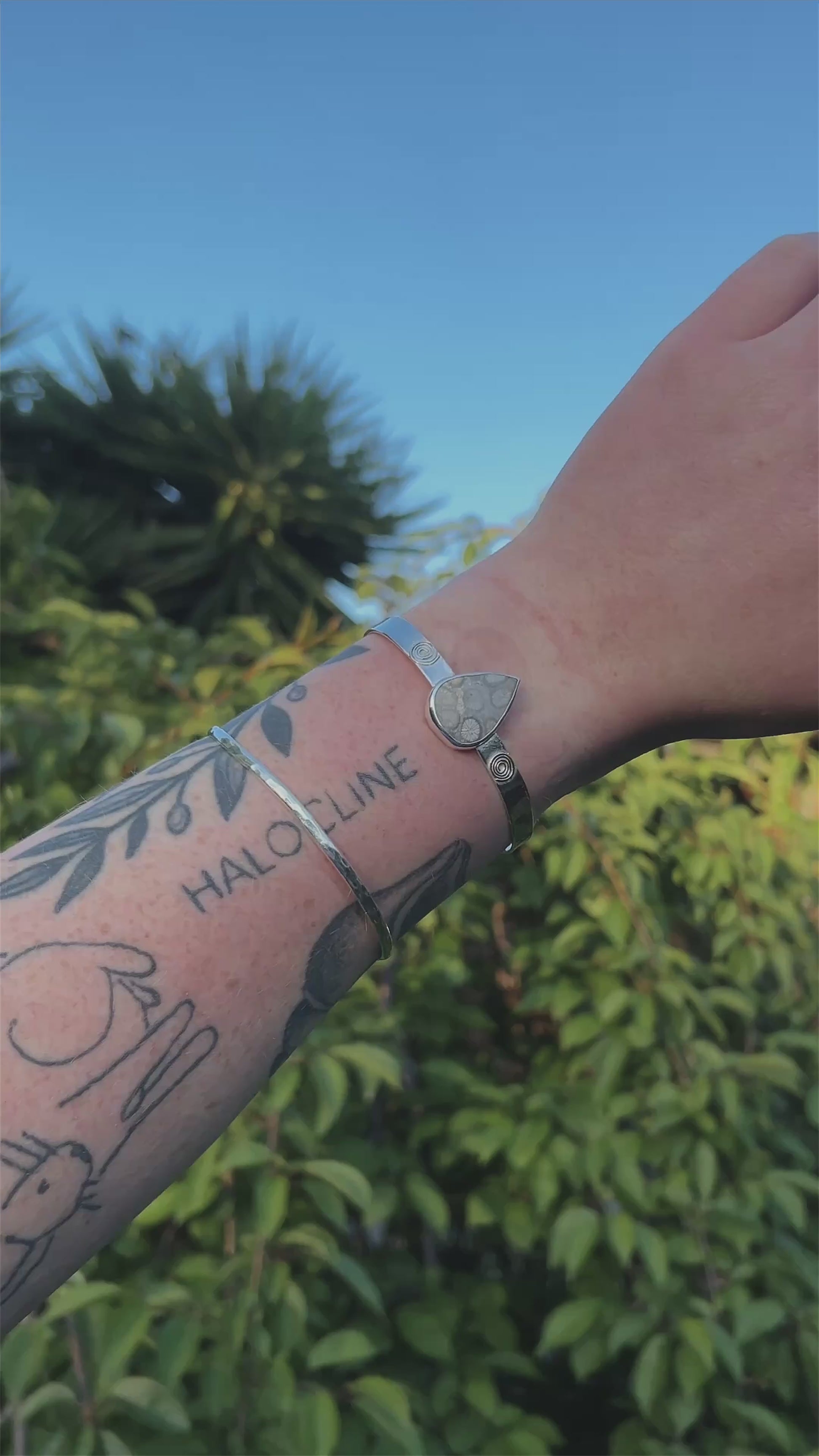 spiral tear shaped fossil coral thick bracelet cuff